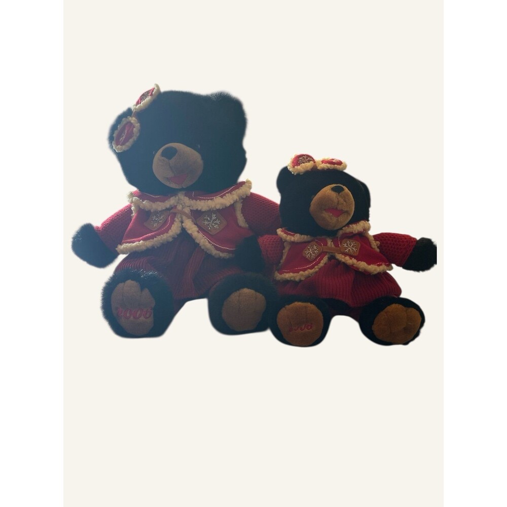 Dan Dee Snowflake Teddy 2006 Black Bear Girl Set of 2 Red Christmas Plush Bows